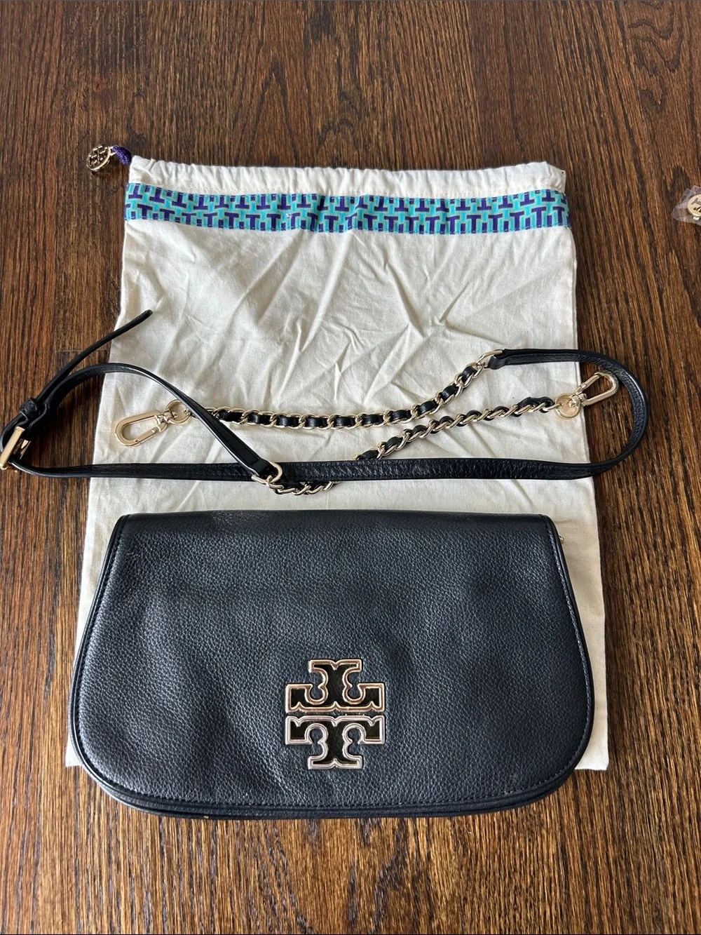 Tory Burch Black Pebbled Leather Crossbody with Gold Logo